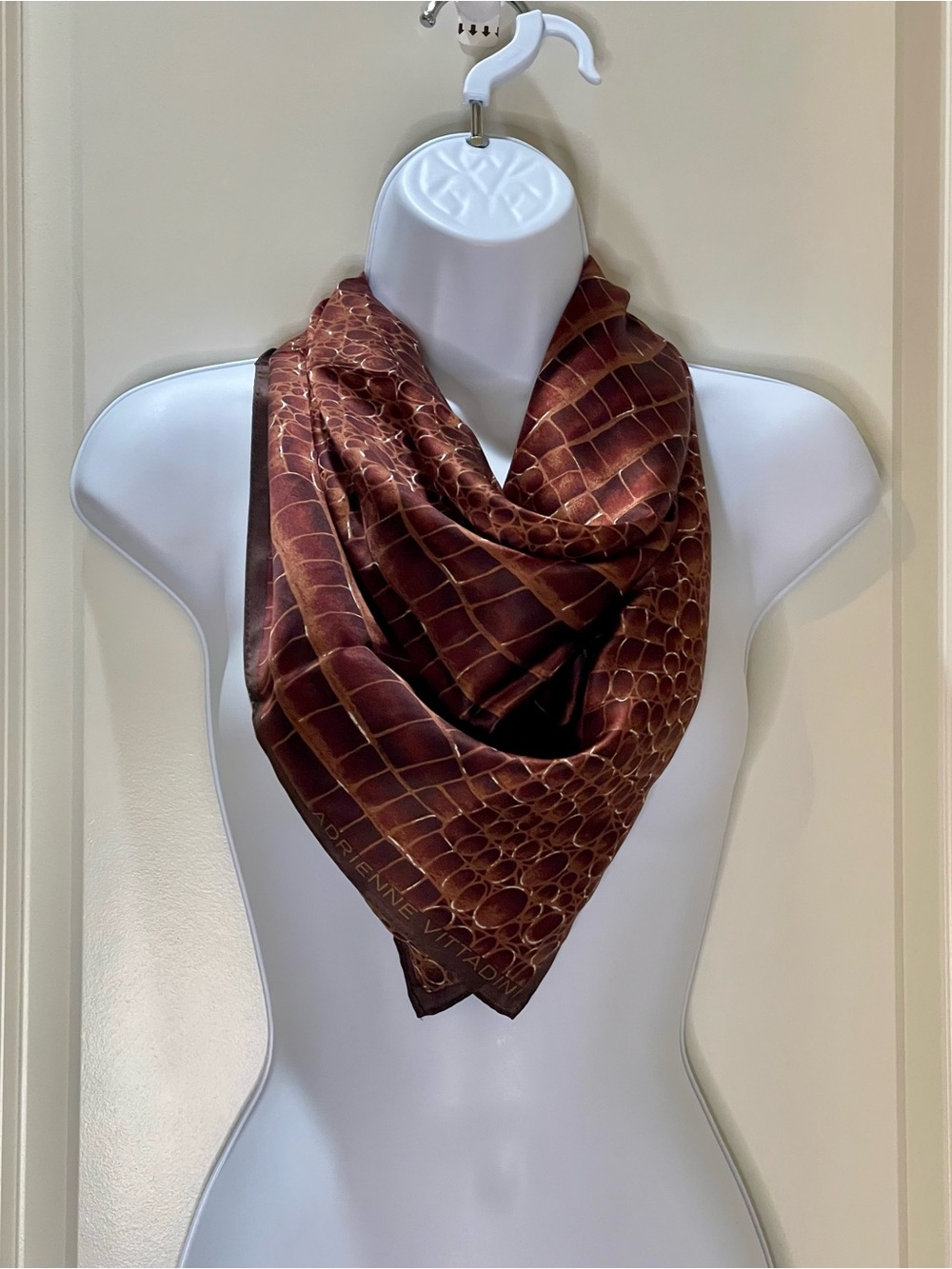 Adrienne Vittadini 100% Silk Scarf Brown Croc-Print 30x30
